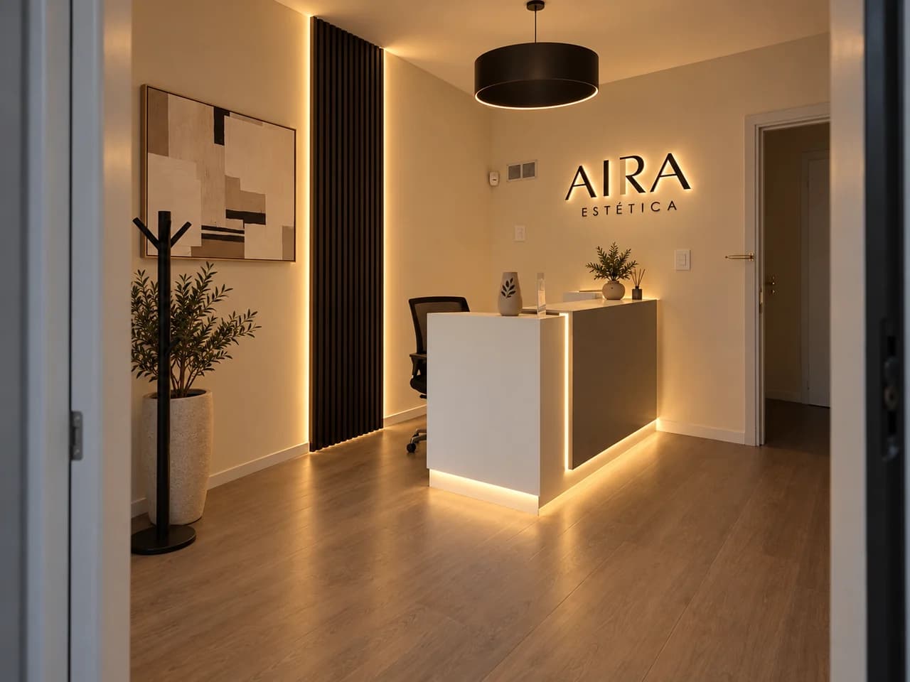 Entrada de AIRA Estética, con el mostrador de recepción al fondo